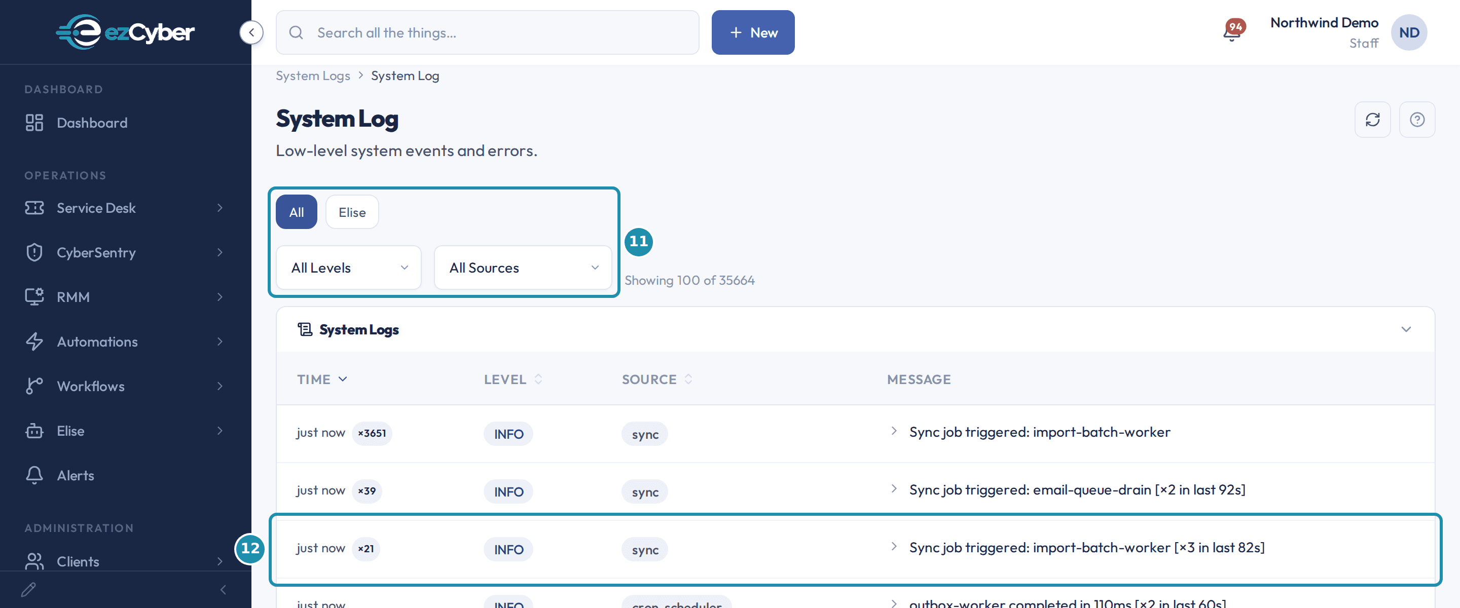 The System Log page with numbered badges on its All and Elise buttons and its Level and Source filters, and one row showing a repeat counter.