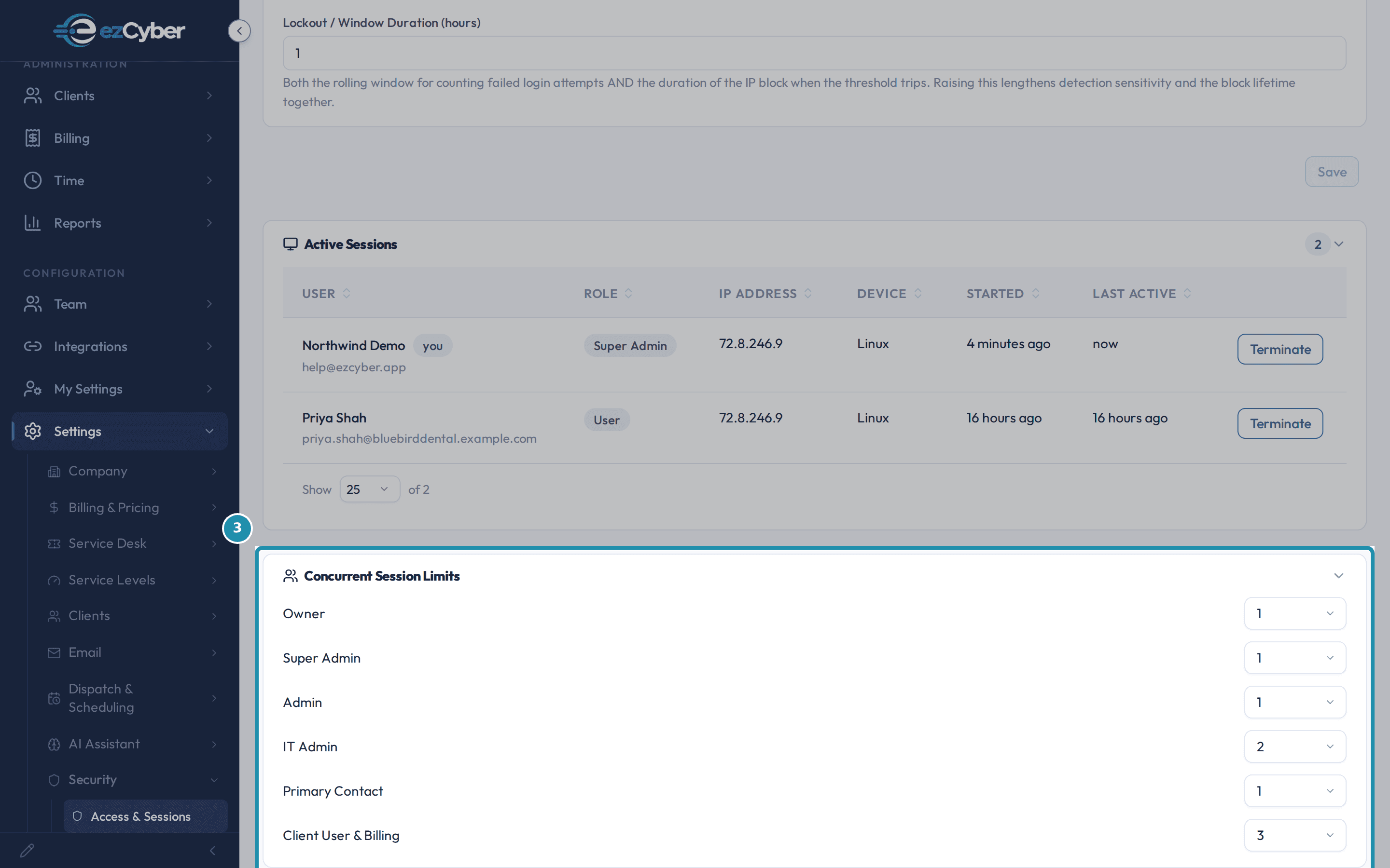 The Concurrent Session Limits card with Owner, Super Admin and Admin set to 1, IT Admin to 2, Primary Contact to 1, and Client User & Billing to 3.