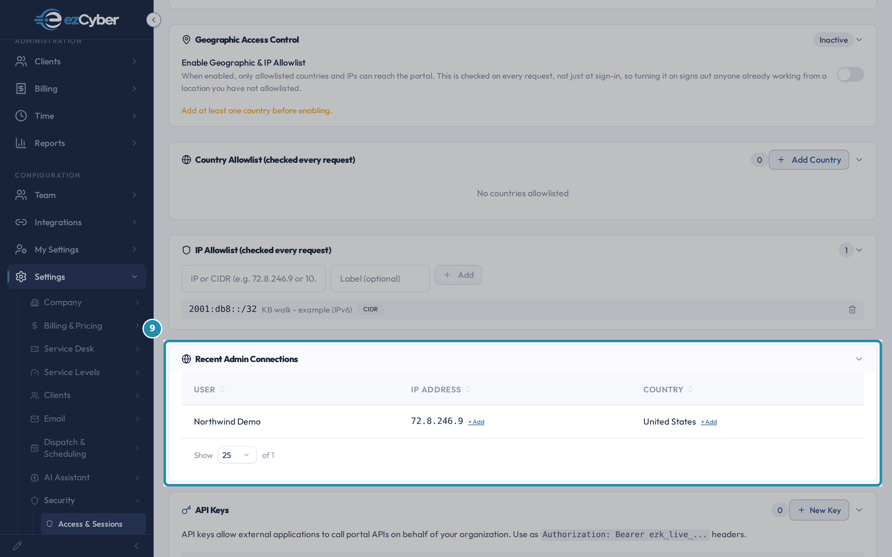 The expanded Recent Admin Connections table with one row: Northwind Demo, IP 72.8.246.9 with an Add link, country United States with an Add link.