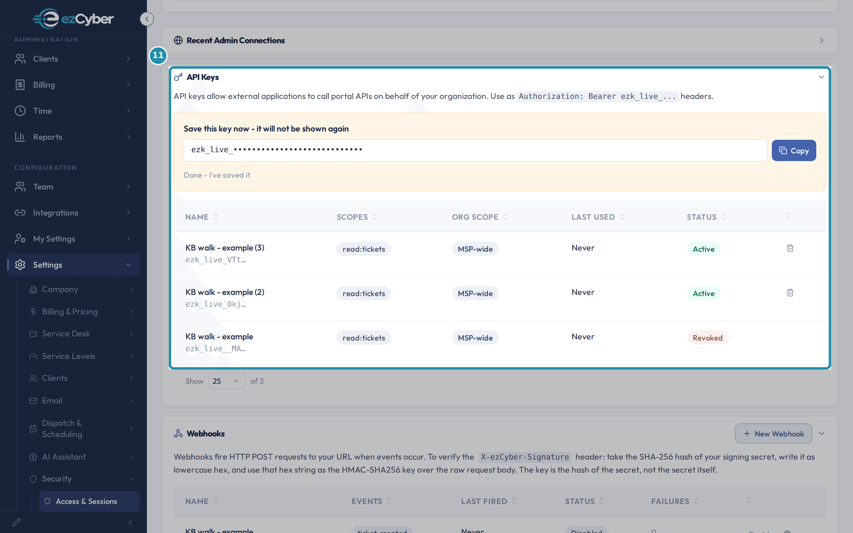 The API Keys card with the one-time 'Save this key now - it will not be shown again' banner, its token masked, a Copy button, and the list below showing three KB walk - example keys, each with scope read:tickets, org scope MSP-wide, and its status.