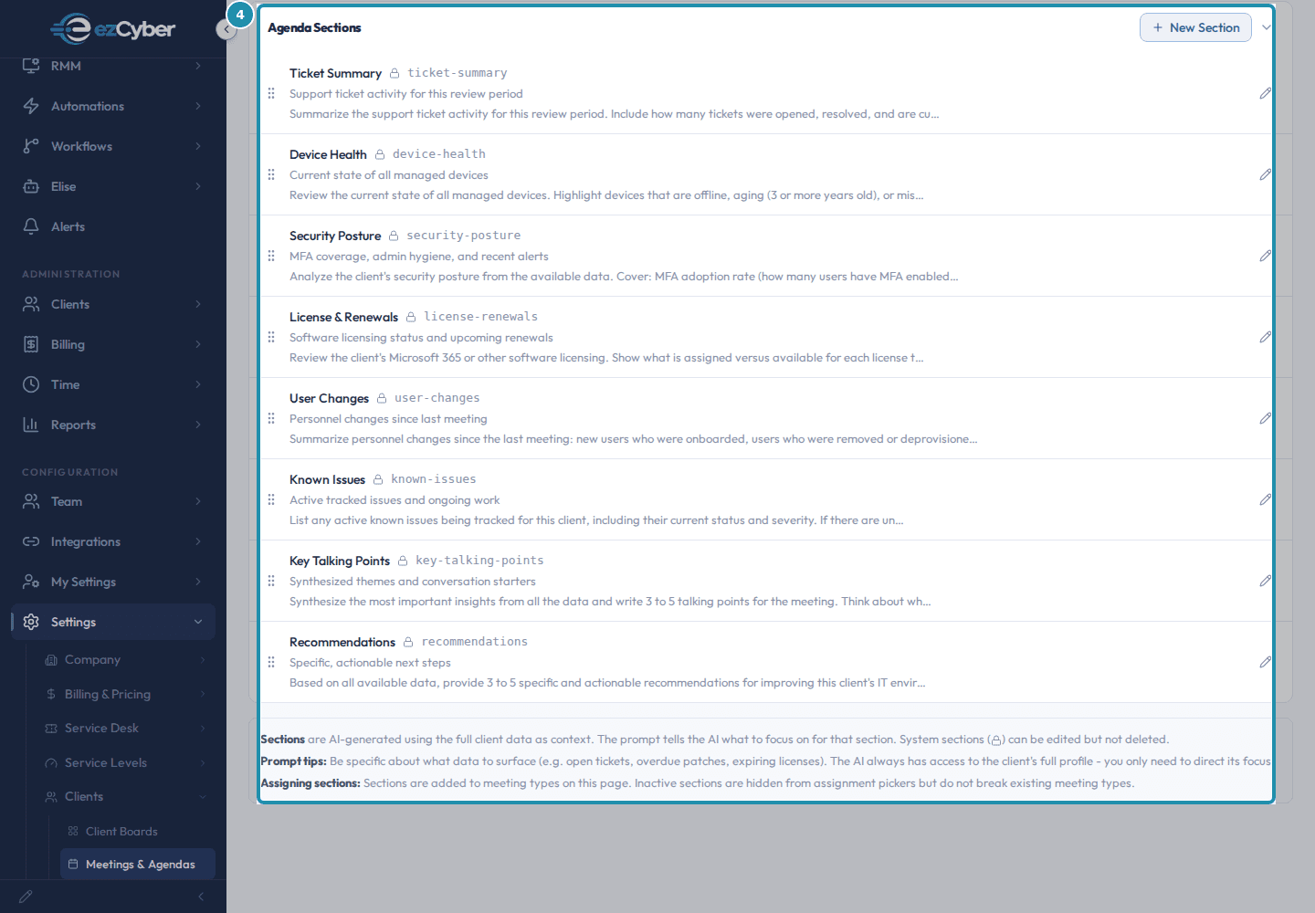 The Agenda Sections table, boxed, showing eight system sections each with a title, slug, description, and the start of its AI prompt.