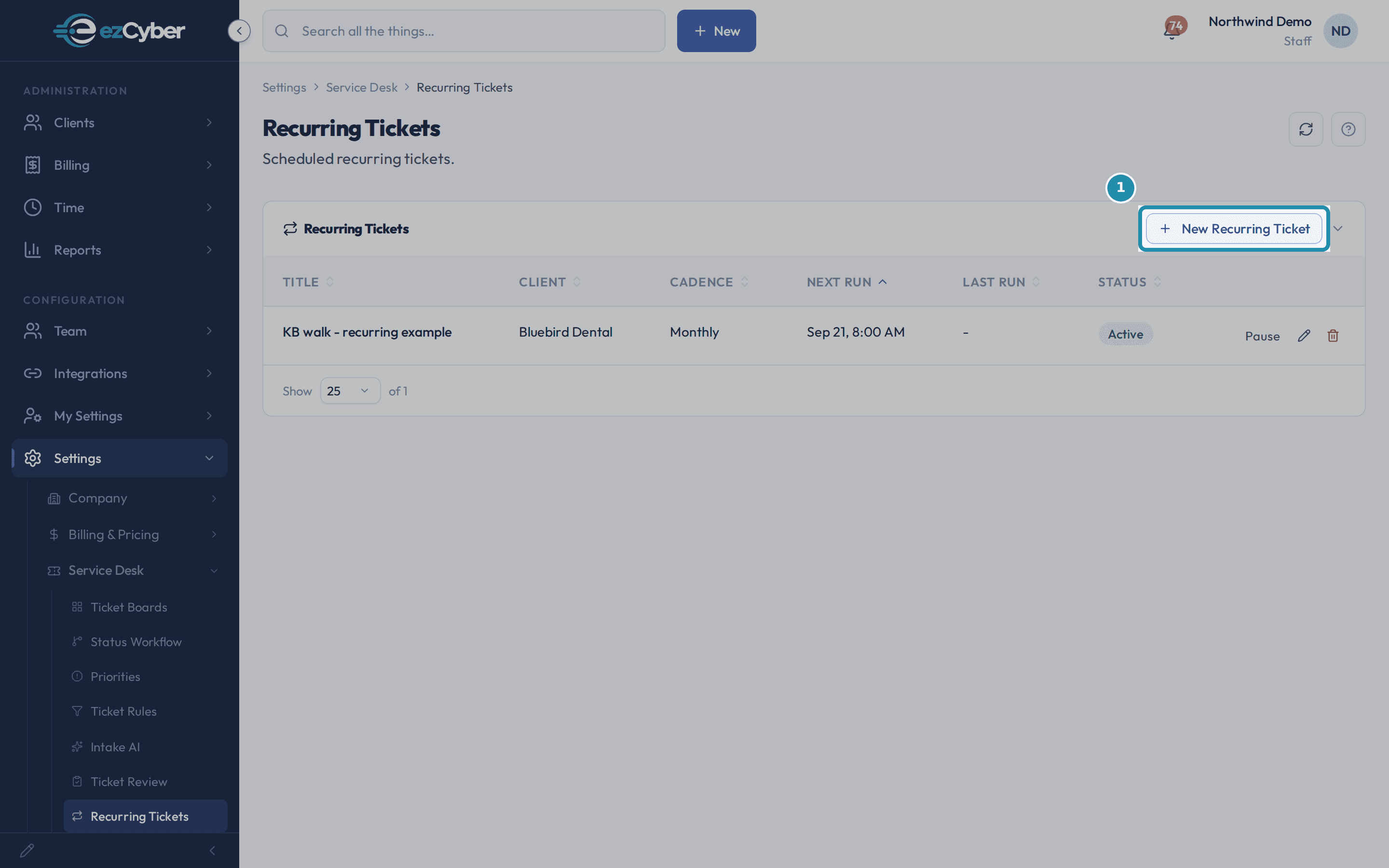 The Recurring Tickets page with the New Recurring Ticket button highlighted, and one existing rule listed below it.