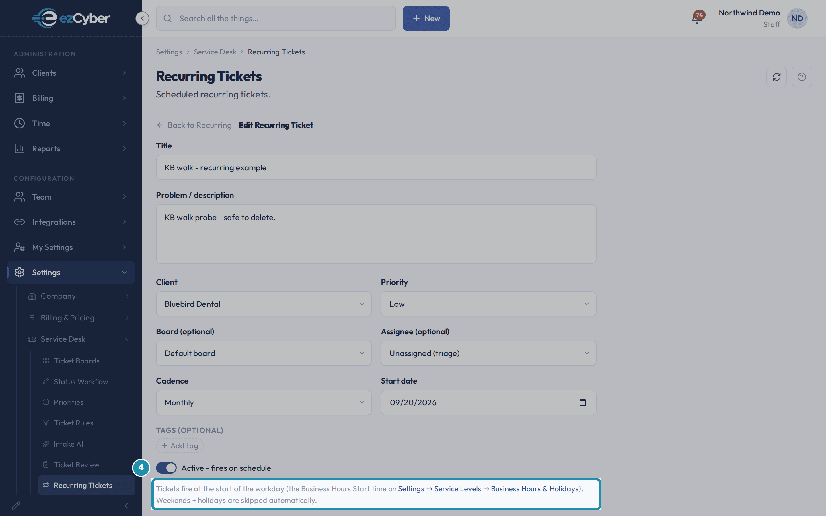 The Active - fires on schedule toggle and the schedule hint paragraph linking to Business Hours & Holidays.