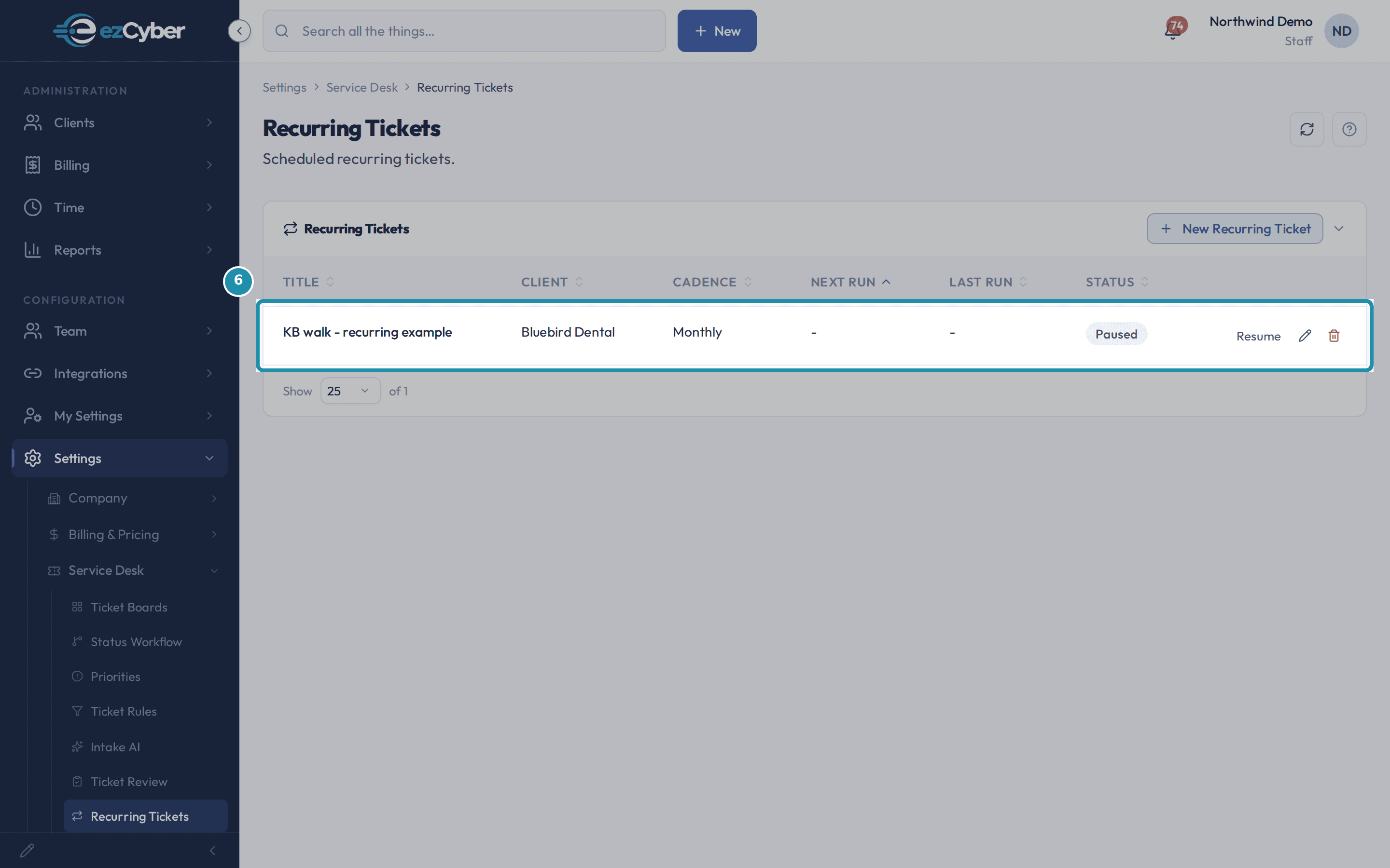 The same row now reading Paused in the Status column, with Next Run showing a dash and a Resume button in place of Pause.