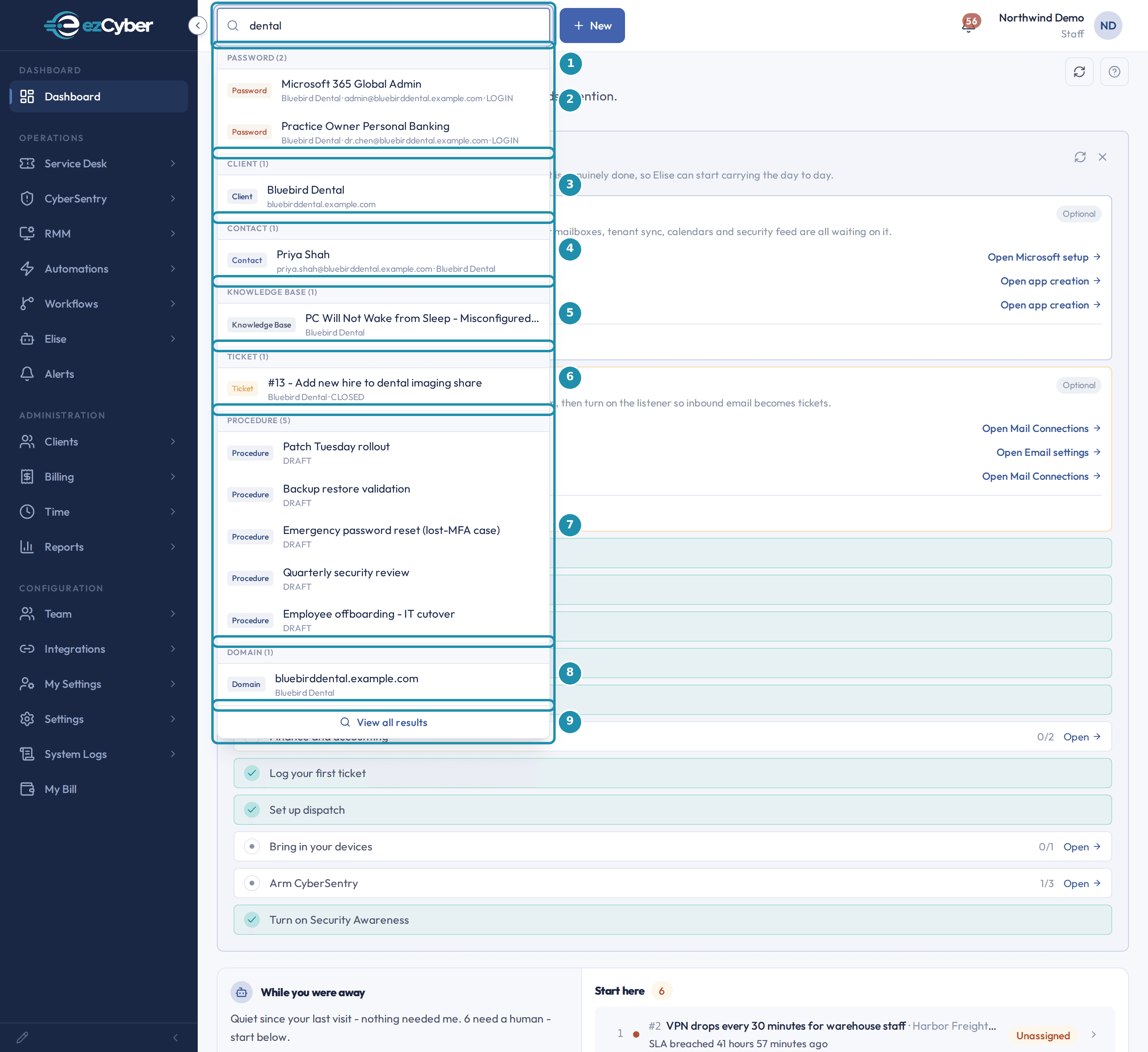 The header search dropdown open for the query dental, with a numbered teal badge on the search box and on the Password, Client, Contact, Knowledge Base, Ticket, Procedure, and Domain result groups, ending on the View all results link.