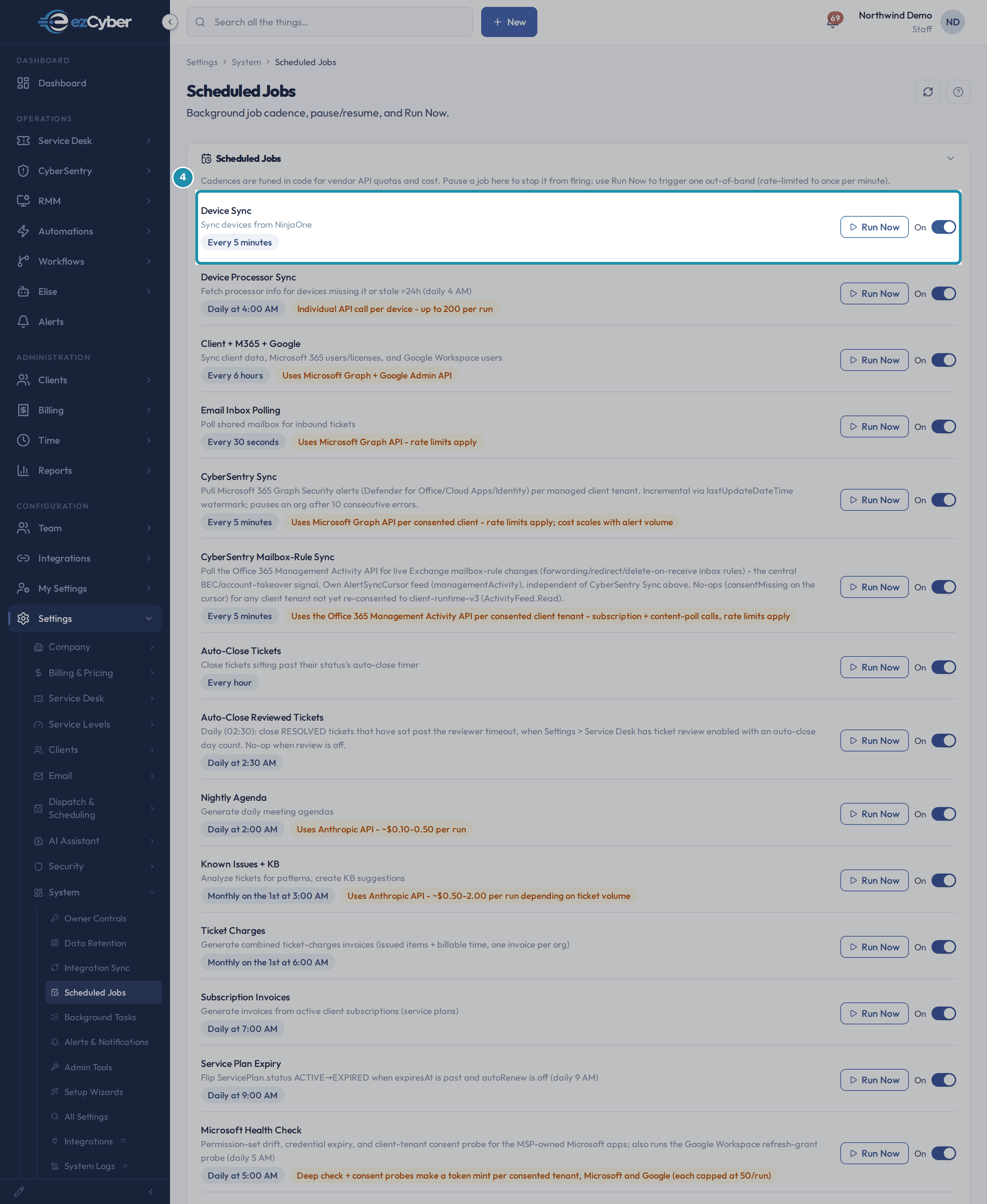 The Scheduled Jobs list's first row, Device Sync: 'Sync devices from NinjaOne', an Every 5 minutes badge, a Run Now button, and an On toggle.