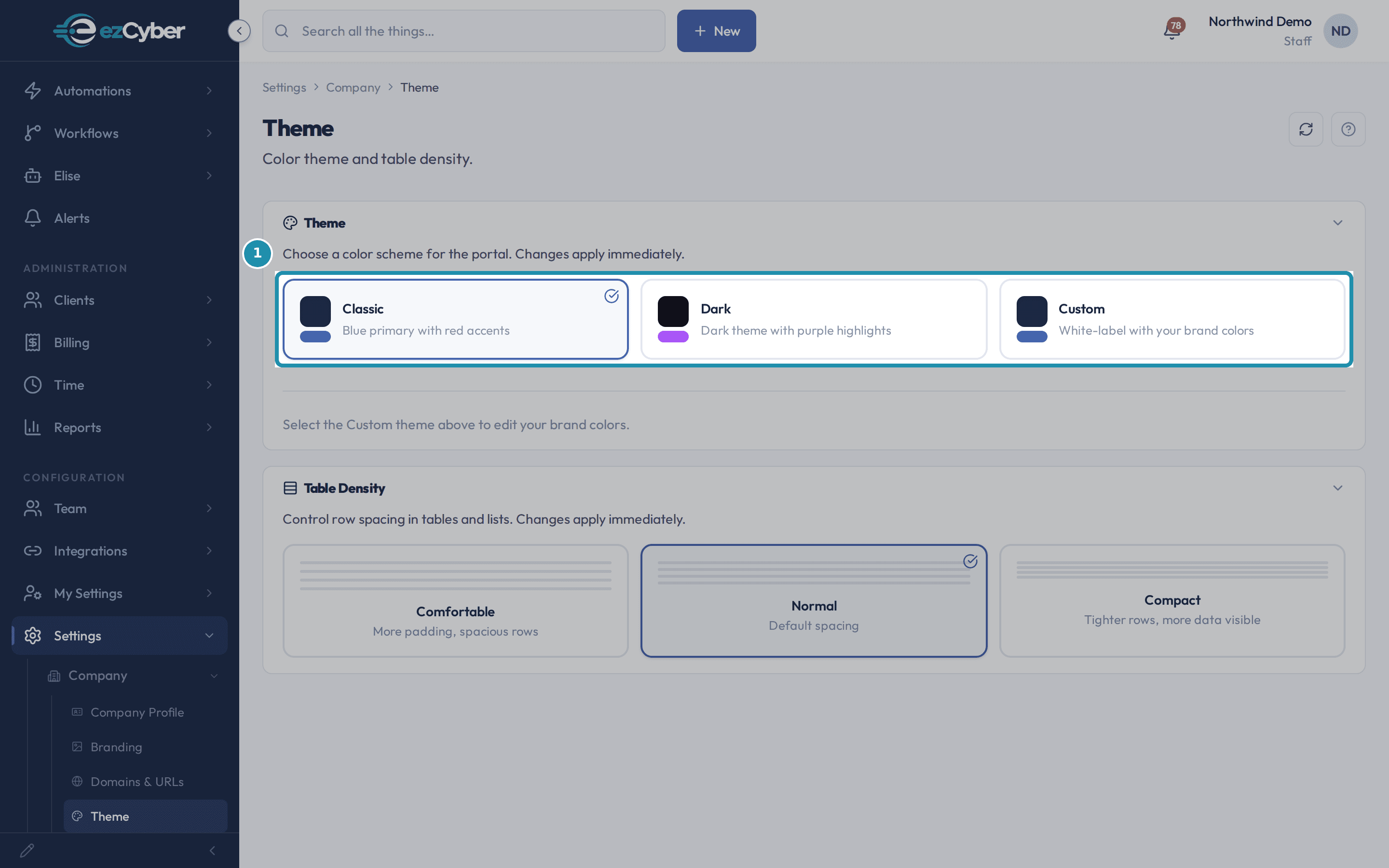 The Theme page's three preset cards - Classic, Dark, and Custom - boxed together, with Classic currently selected.