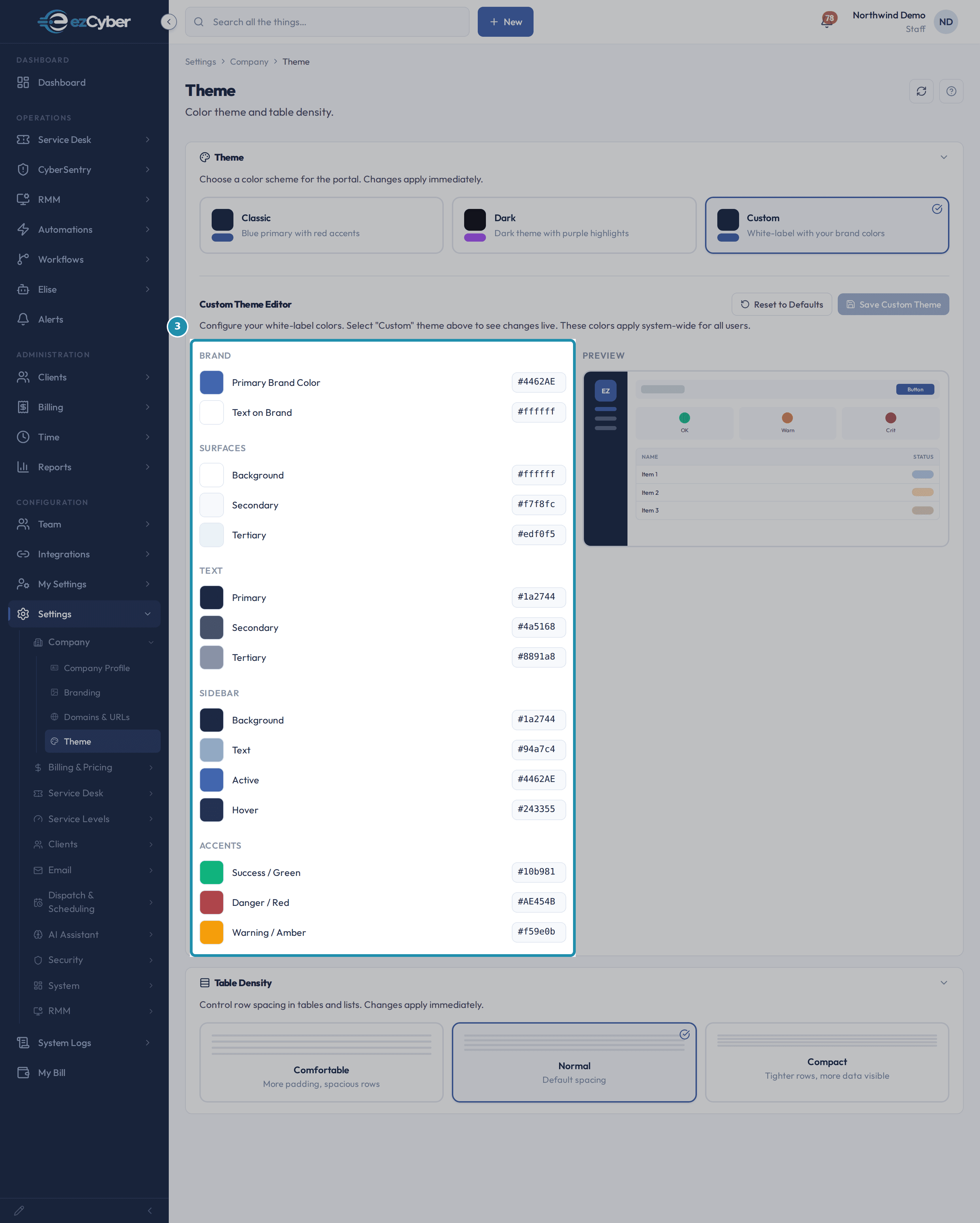 The Custom Theme Editor's full set of fifteen color fields, boxed, spanning the Brand, Surfaces, Text, Sidebar, and Accents groups, with the Table Density card visible below.