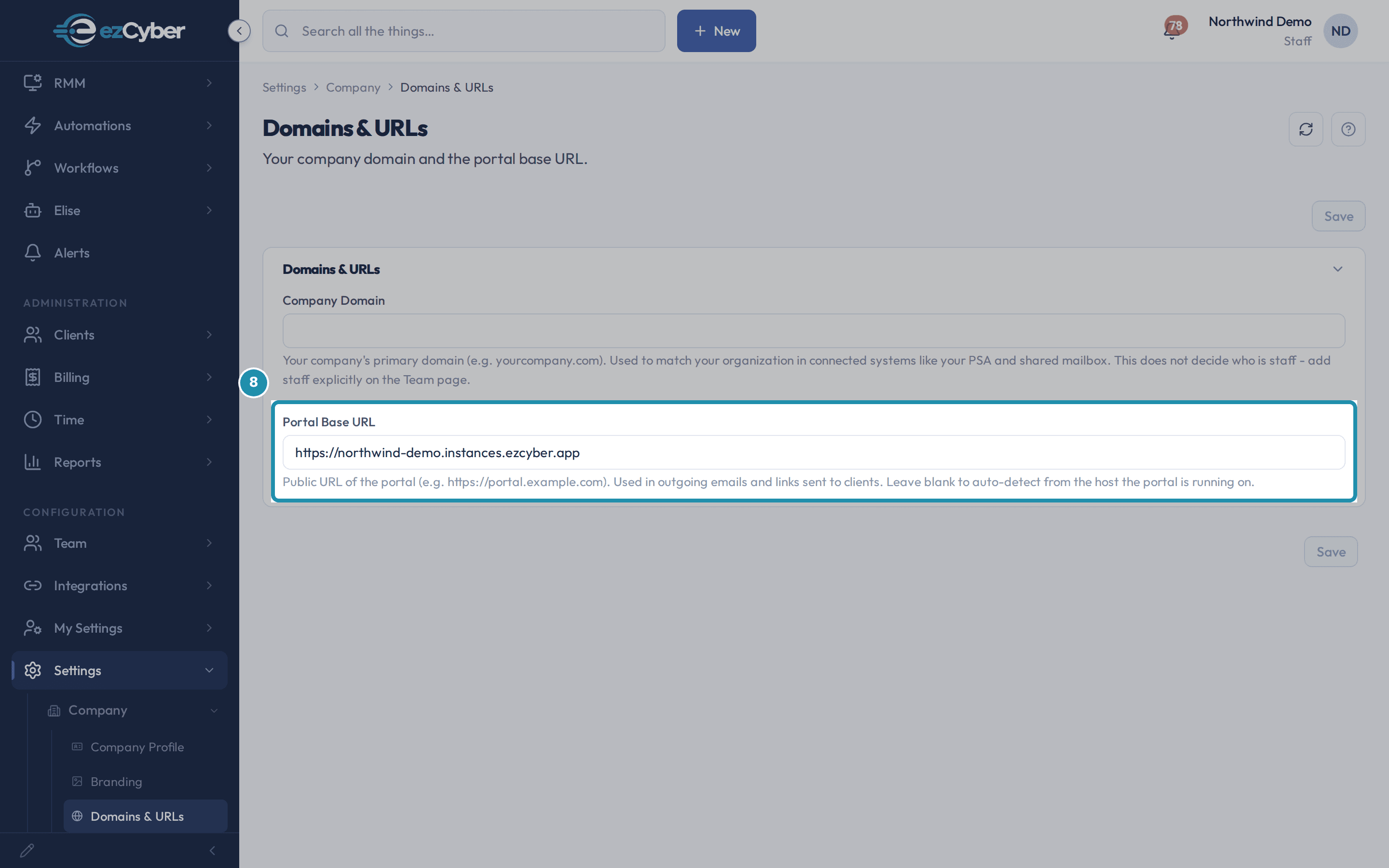 The Domains & URLs page's Portal Base URL field, boxed, showing this tenant's own detected portal address.