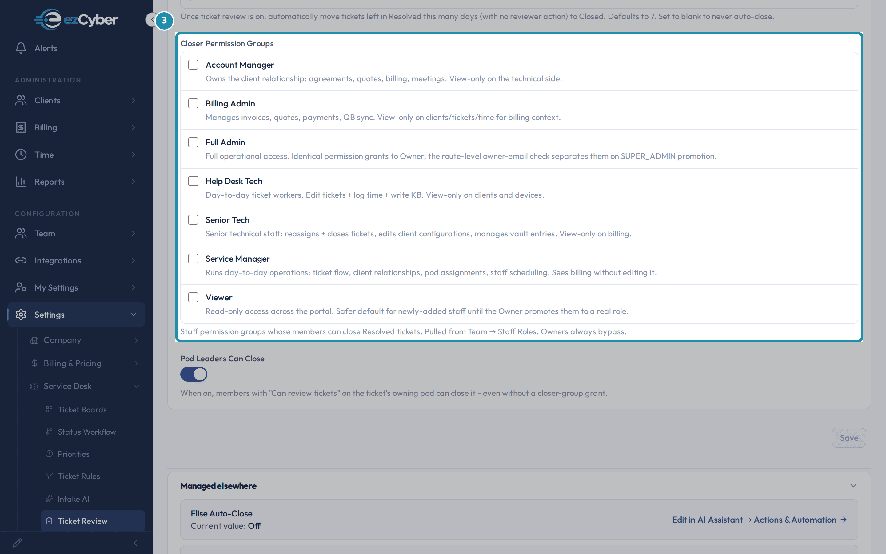 The Closer Permission Groups checklist: Account Manager, Billing Admin, Full Admin, Help Desk Tech, Senior Tech, Service Manager and Viewer, all unchecked.