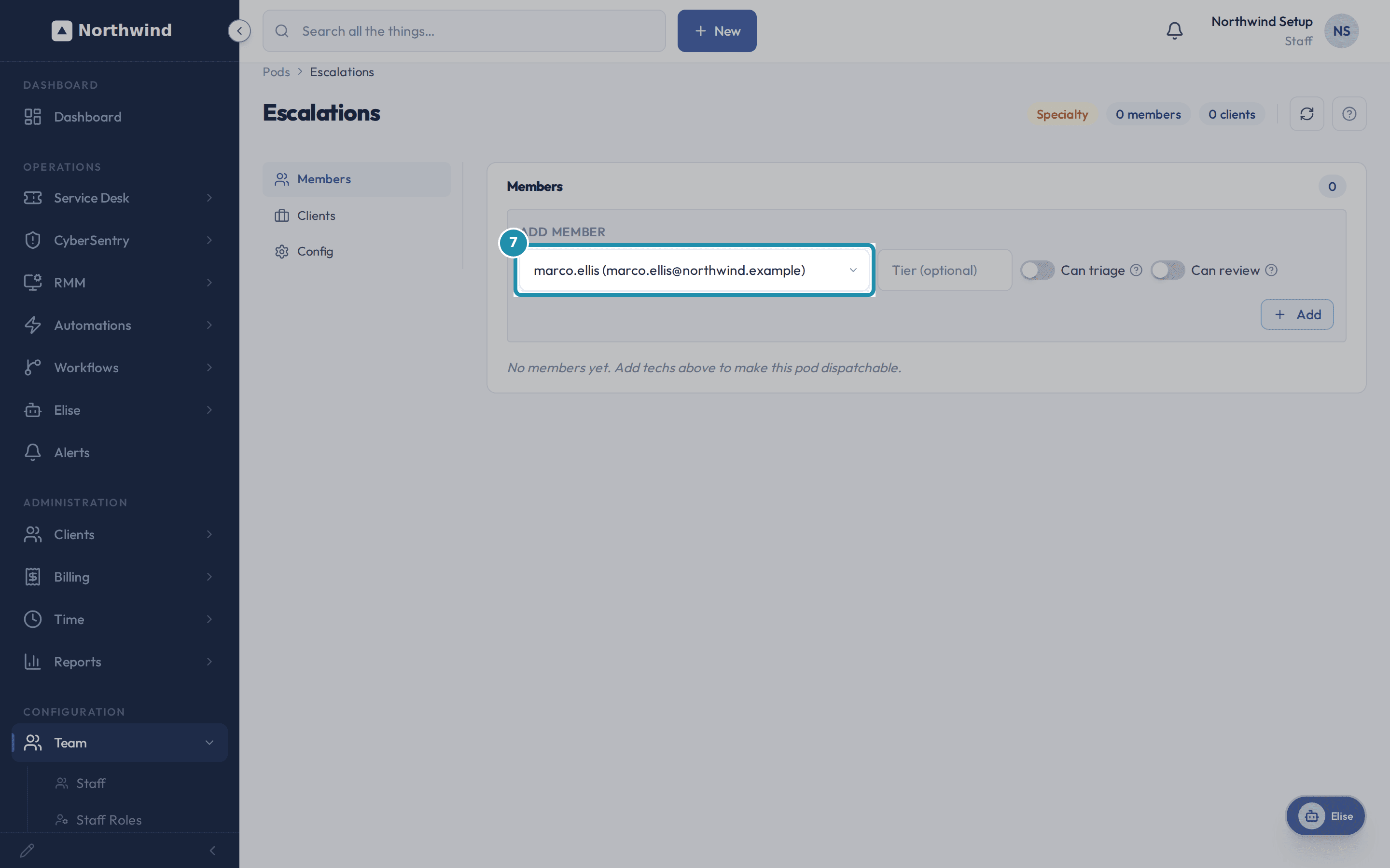 The Escalations pod's Add Member row with marco.ellis (marco.ellis@northwind.example) selected in the tech dropdown.