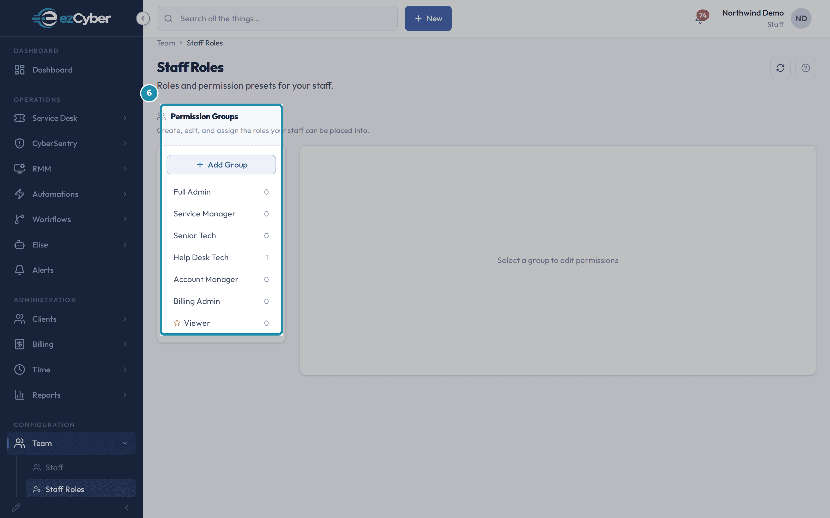 The Staff Roles page's Permission Groups panel, listing the seven built-in groups.