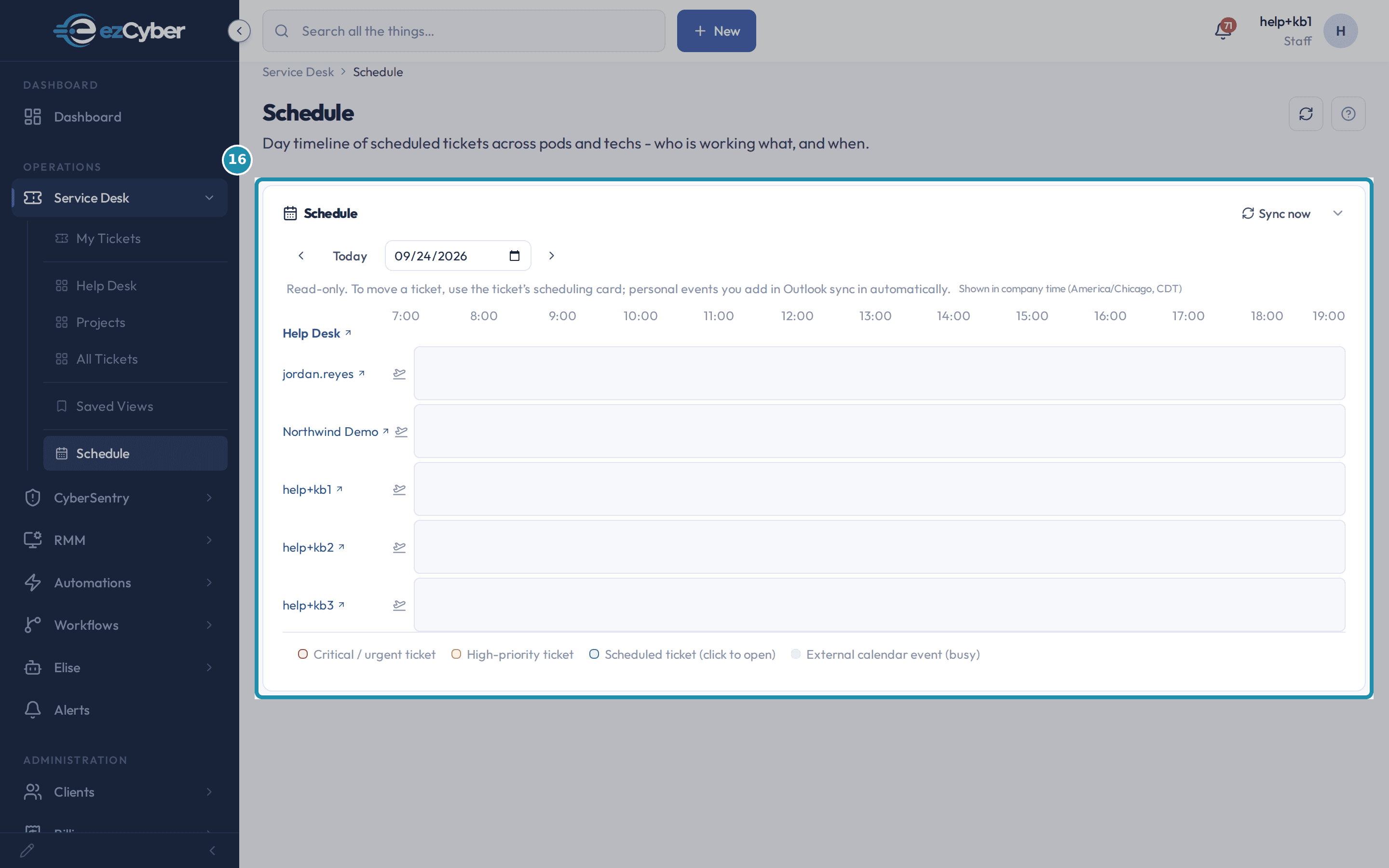 Service Desk > Schedule, the destination of the old Team > Dispatch > Board address, showing the Help Desk pod's techs and their day timeline.