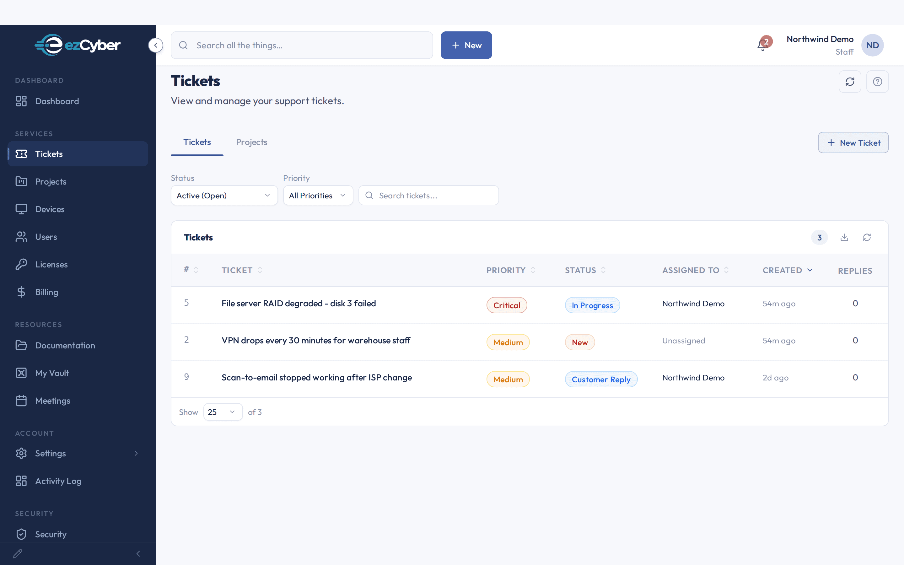 The ezCyber client portal: a client's own tickets, with projects, documents, My Vault, devices, billing, and security training in the navigation